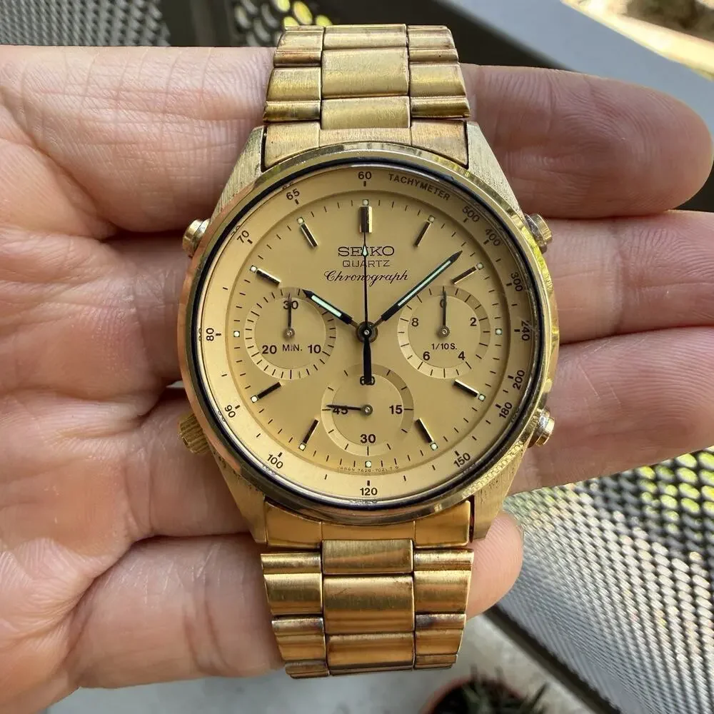 Vintage Seiko Chronograph Watch Men’s 37mm Champagne Dial Gold Tone 7A28-7029